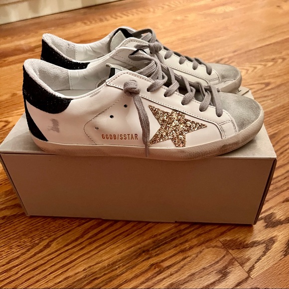 Golden Goose Shoes - Golden Goose Super Star Sneakers Gold Glitter Star & Glittery Black Heel Size 37